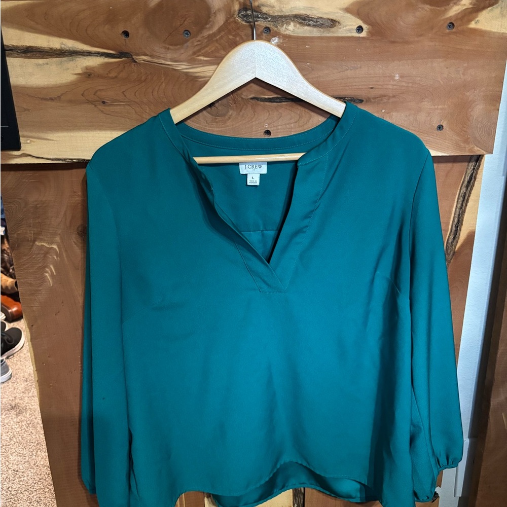 J. Crew Teal Split-Neck Long-Sleeve Blouse